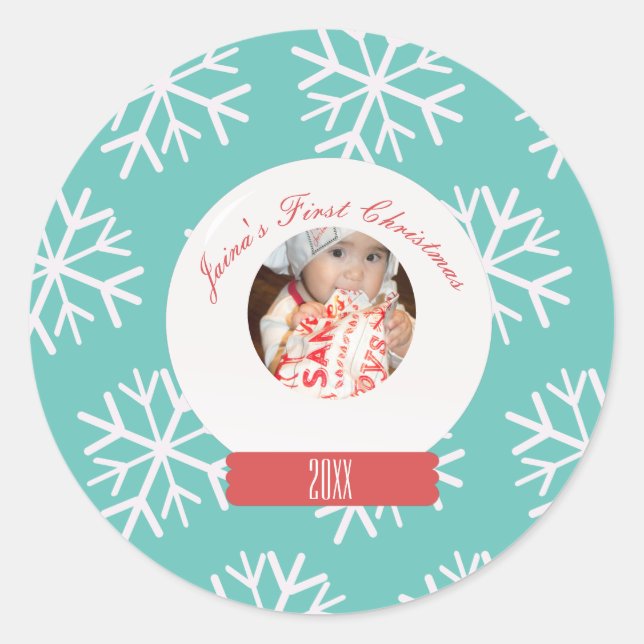 Sticker Rond Premiers Snowglobe Snowflakes de Noël pour bébé Tu (Devant)