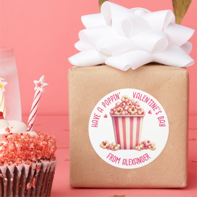 Sticker Rond Prenez un Popping Valentine's Day Pink Popcorn Hea (Fête)