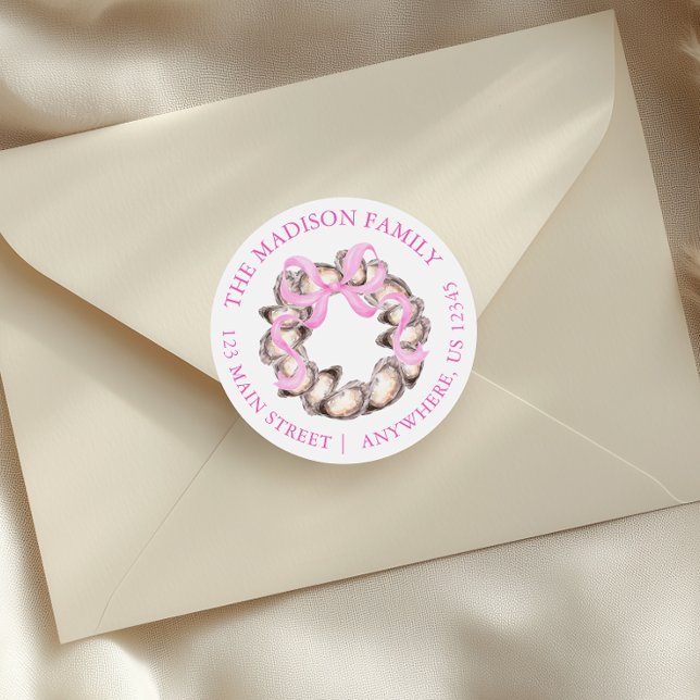 Sticker Rond Preppal Coastal Oyster Bow Wreath Christmas Adress (Créateur téléchargé)