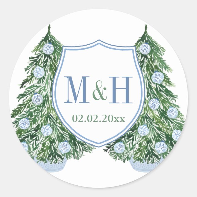 Sticker Rond Preppy Blue Green Vacances Mariage Monogramme Favo (Devant)