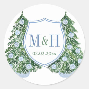 Sticker Rond Preppy Blue Green Vacances Mariage Monogramme Favo