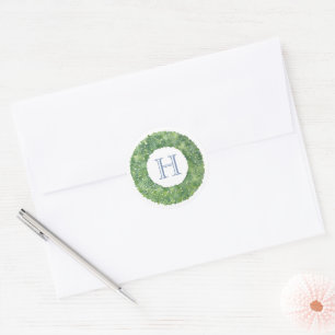 Sticker Rond Preppy Boxwood Wreath Monogram Party Favoriser