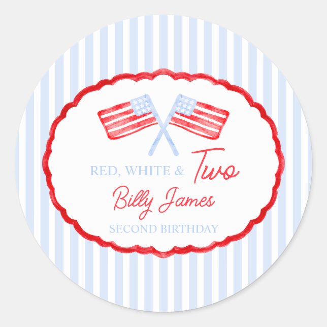 Sticker Rond Preppy Boys Red White & Two Patriotic Birthday (Devant)