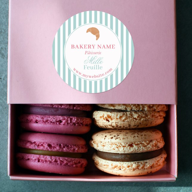 Sticker Rond Preppy Green & Pink Stripes Bakery Logo Product (Preppy Green & Pink Stripes Bakery Logo Product Classic Round Sticker)