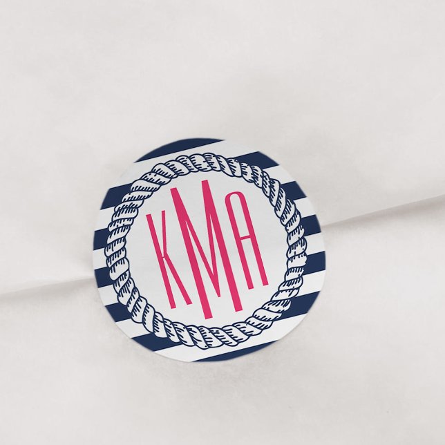 Sticker Rond Preppy Nautical Navy & White Stripe Pink Monogramm (Créateur téléchargé)