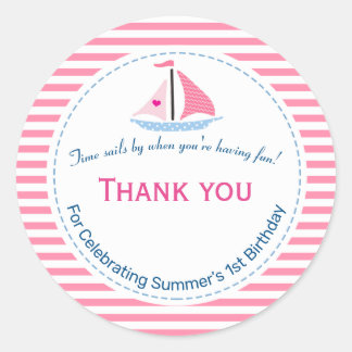 Sticker Rond Preppy Nautical rose Voile Away Anniversaire Merci