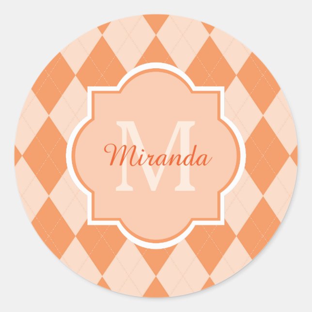 Sticker Rond Preppy Orange Jacquard Girly Monogramme et nom (Devant)