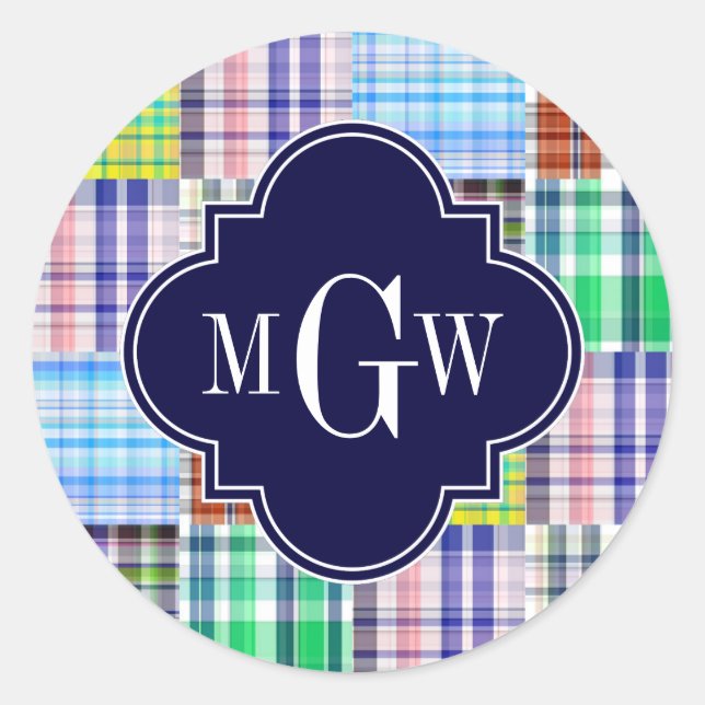 Sticker Rond Preppy Patchwork Madras Navy Quatrefoil Monogramme (Devant)