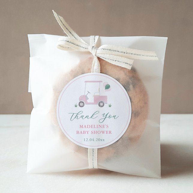 Sticker Rond Preppy Pink Green Golf Panier Bébé Fille Douche Fa (Preppy pink and green watercolor golf cart baby shower favor thank you sticker)