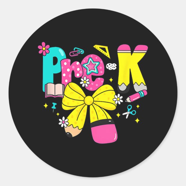 Sticker Rond Preppy Pre-k Pencil Bow Back To School Teacher Gir (Devant)