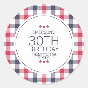 Sticker Rond Preppy Rouge blanc et bleu Merci plaid Anniversair