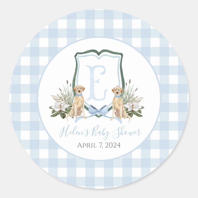 Sticker Rond Preppy Southern Blue Boy Baby shower Chien (Devant)