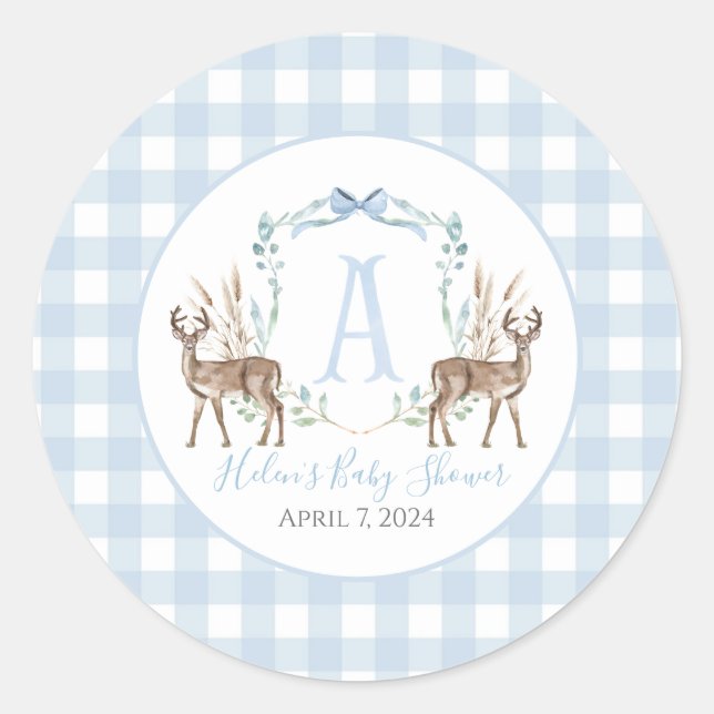 Sticker Rond Preppy Southern Blue Boy Deer Baby shower (Devant)