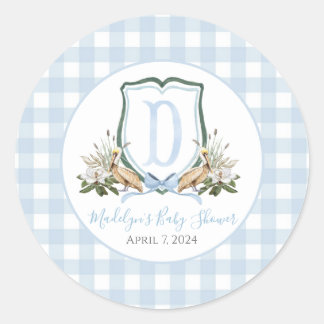 Sticker Rond Preppy Southern Blue Boy Pelican Baby shower