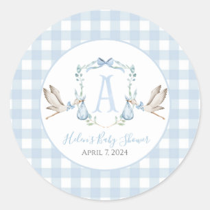 Sticker Rond Préppy Southern Blue Boy Stork Baby shower