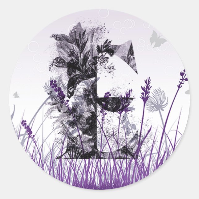 Sticker Rond Prés pourpres et alphabet de fleurs - Lettre E Gir (Devant)