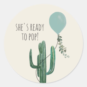 Sticker Rond Prêt à pop Balloon Cactus Blue Boy Baby shower