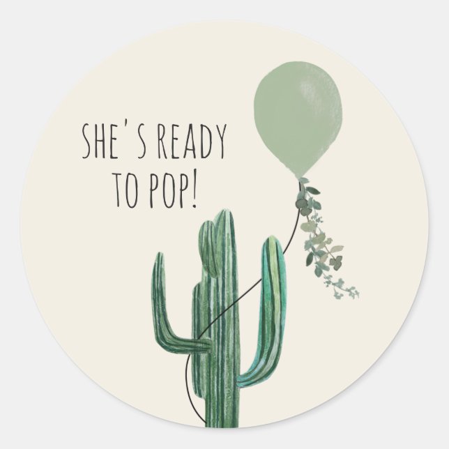 Sticker Rond Prêt pour la pop Balloon Cactus Baby shower neutre (Devant)