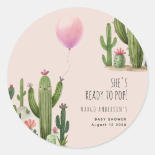 Sticker Rond Prêt pour la Pop Girl Balloon Cactus Baby shower v