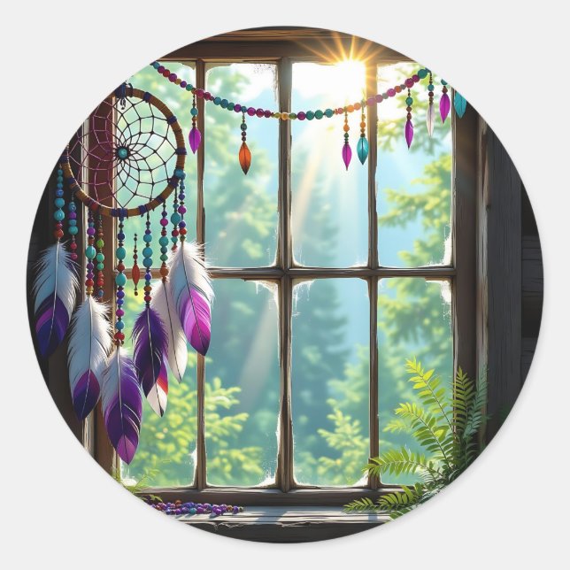 Sticker Rond Pretty Boho Purple Dreamcatcher in Window   (Devant)