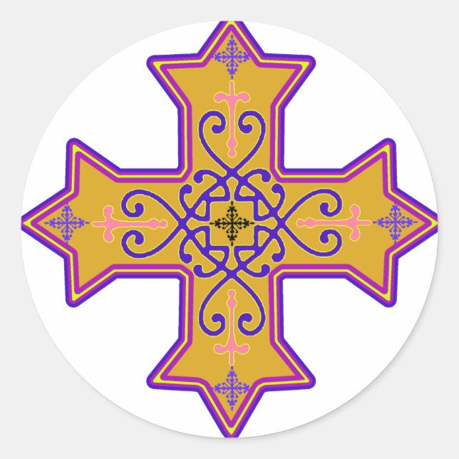 Sticker Rond Pretty Gold et Pink Coptic Cross (Devant)
