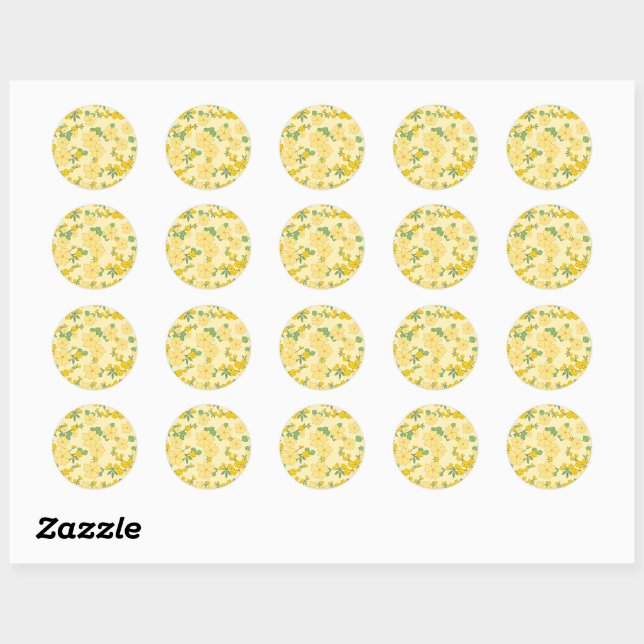 Sticker Rond Pretty Pastel Yellow Floral Pattern, (Feuille)