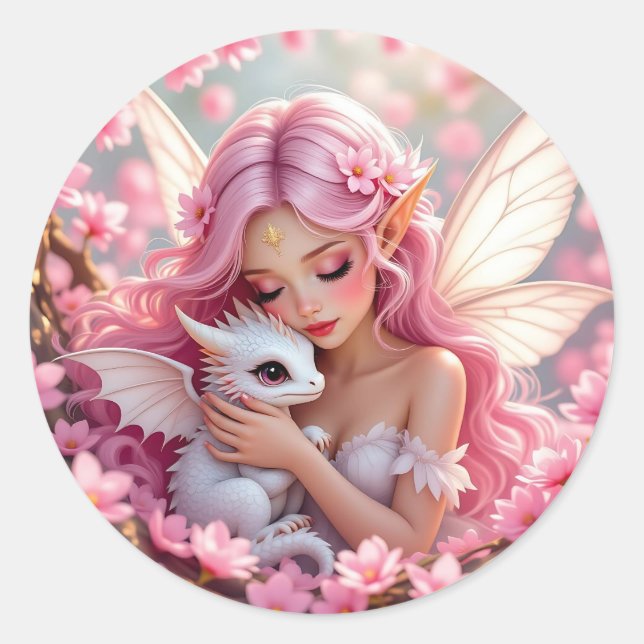 Sticker Rond Pretty Pink Elven Fairy & Dragon  (Devant)
