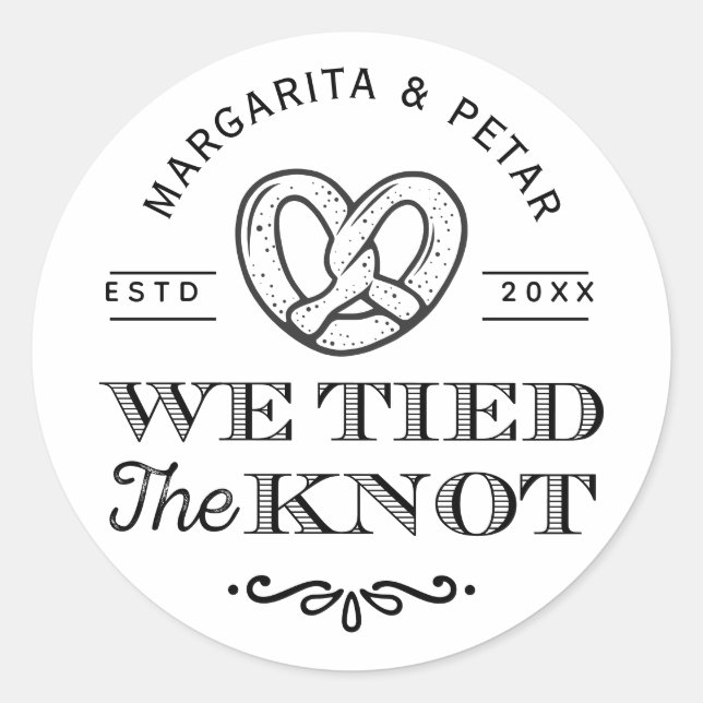 Sticker Rond Pretzel Nous Avons Lié Les Mots-Clés Mariage Merci (Devant)