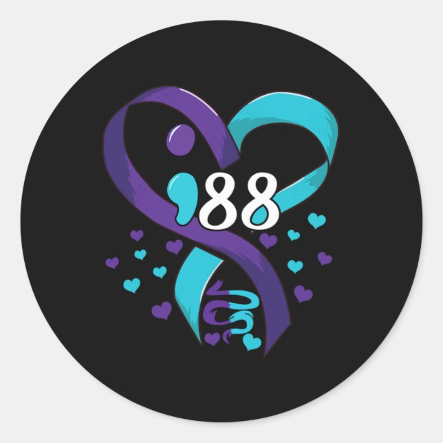 Sticker Rond Prevention Awareness 988 Heart Teal And Purple  (Devant)