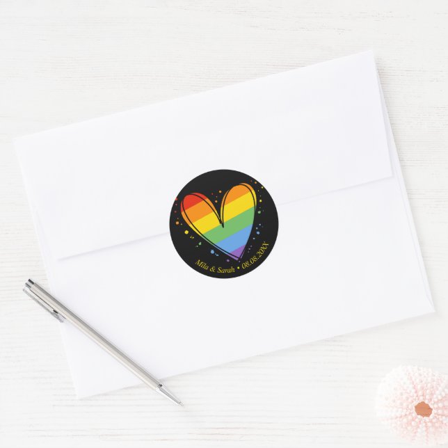 Sticker Rond Pride Rainbow LGBTQ Mariage cardiaque (Enveloppe)