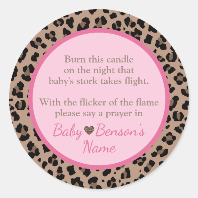 Sticker Rond Prière aux chandelles léopard et Baby shower rose (Devant)