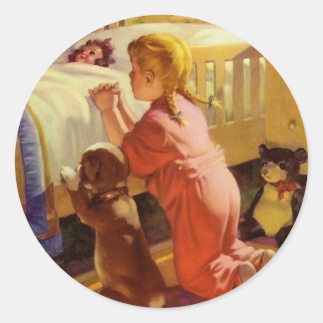 Sticker Rond Prières au coucher, Fille avec chiot, Religion Vin (Devant)