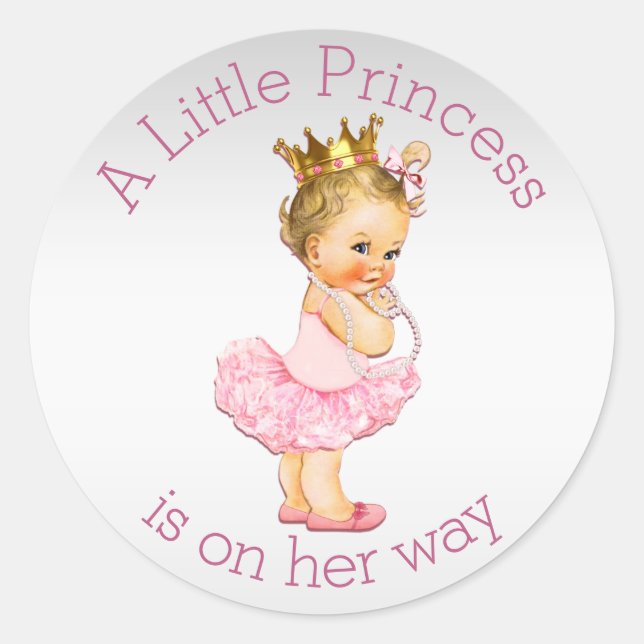 Sticker Rond Princess Pearls Ballerina Baby shower Argent rose (Devant)