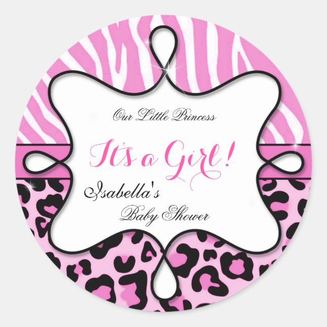 Sticker Rond Princesse Baby shower fille léopard rose Zebra (Devant)