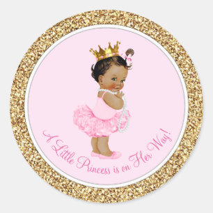 Sticker Rond Princesse Ballerine Ethnique Rose Or Baby Shower