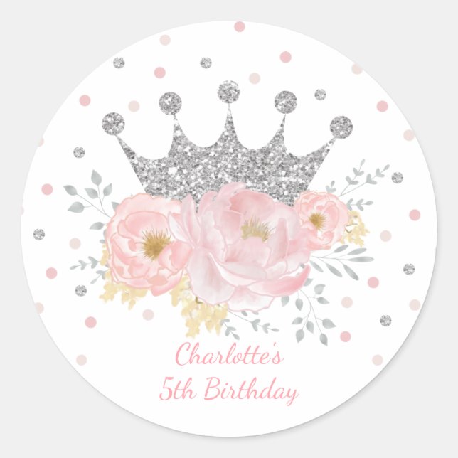 Sticker Rond Princesse de Couronne d'argent rose Floral Fille d (Devant)