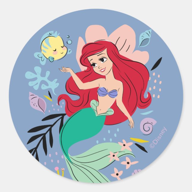 Sticker Rond Princesse Disney | Ariel et les animaux marins (Devant)
