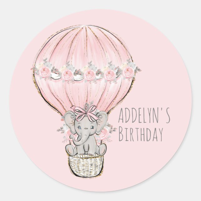 Sticker Rond Princesse Elephant Balloon Fille Anniversaire Nom (Devant)