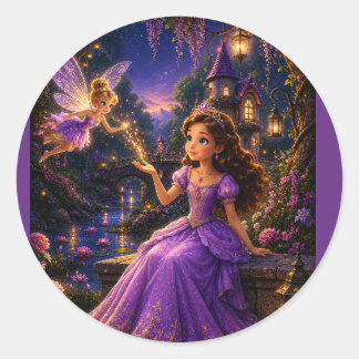 Sticker Rond Princesse enchantée et château de jardin de fées F