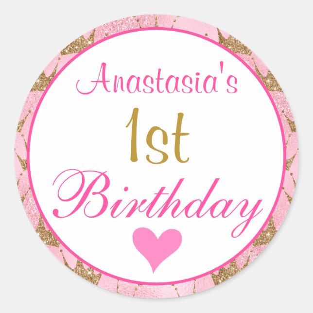Sticker Rond Princesse fille rose et Parties scintillant or 1er (Devant)