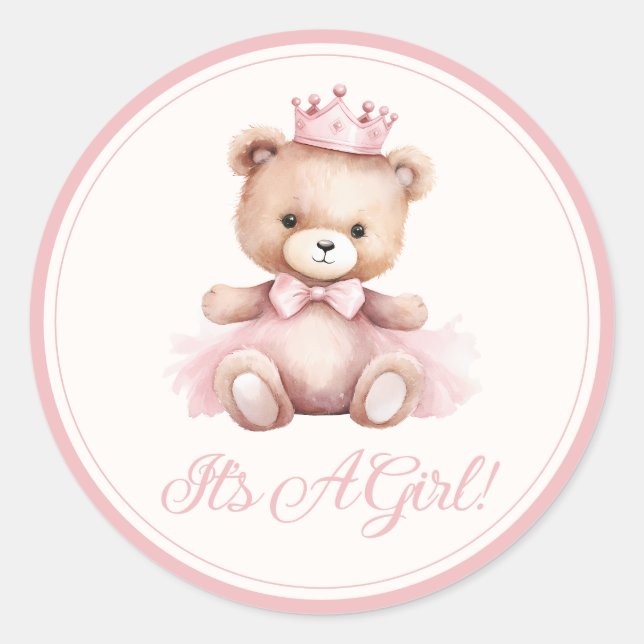 Sticker Rond Princesse rose ours Bébé Baby shower fille (Devant)
