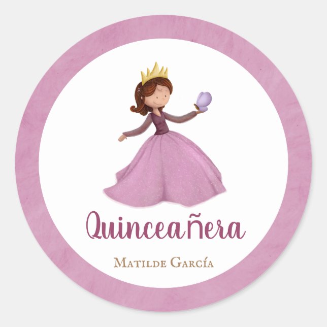 Sticker Rond princesse rose unique et papillon quinceanera (Devant)