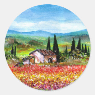 STICKER ROND PRINTEMPS EN TOSCANE / CHAMPS DE FLEURS COLORÉS, F