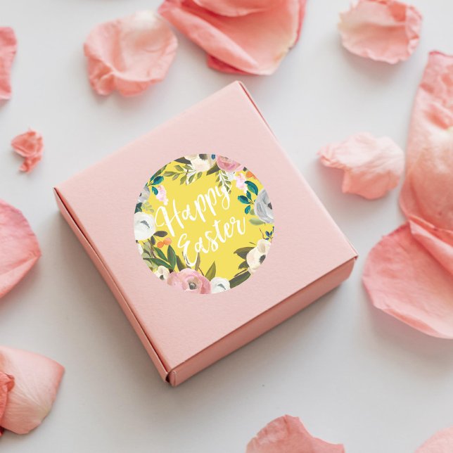 Sticker Rond Printemps Floral Jaune Joyeux Pâques (Créateur téléchargé)