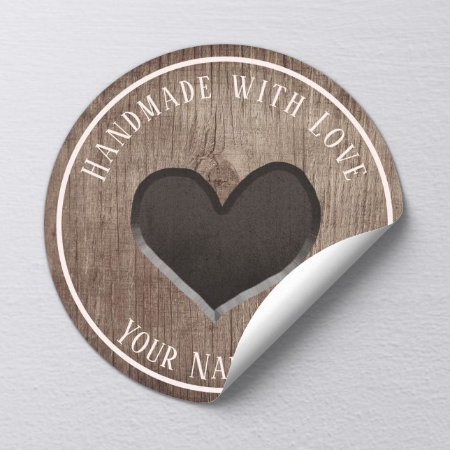 Sticker Rond Produit artisanal Coeur en bois rustique (Créateur téléchargé)
