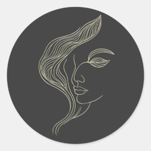 Sticker Rond Profil de femme en art linéaire élégant avec feuil