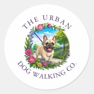 Sticker Rond Promenade de chien Bouledogue Français Garderie