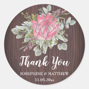 Sticker Rond Protea Eucalyptus Wood Merci Mariage rustique