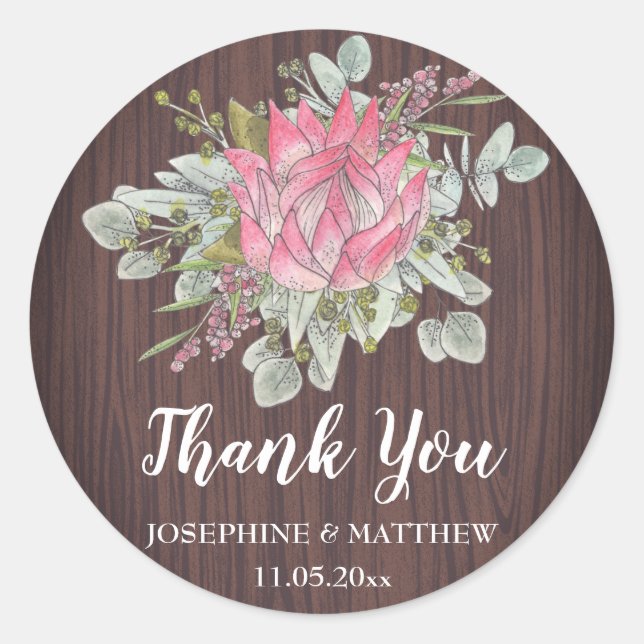 Sticker Rond Protea Eucalyptus Wood Merci Mariage rustique (Devant)