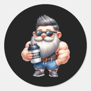 Sticker Rond Protéine de Whey Gnome Papa Funny Bodybuilder Grap